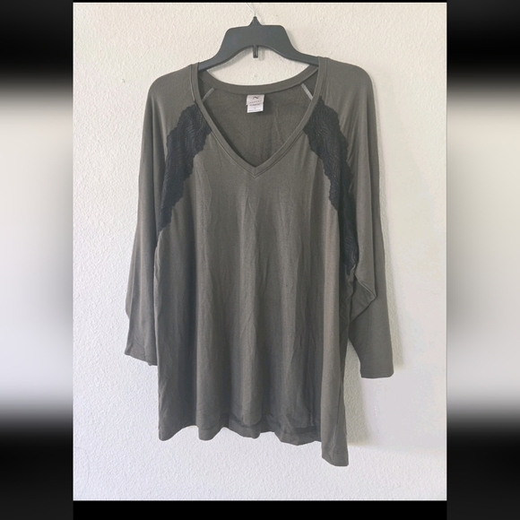 Natori Blouse Women XL Long Sleeve Brown Lace  Vneck Casual Minimalist - Picture 5 of 10